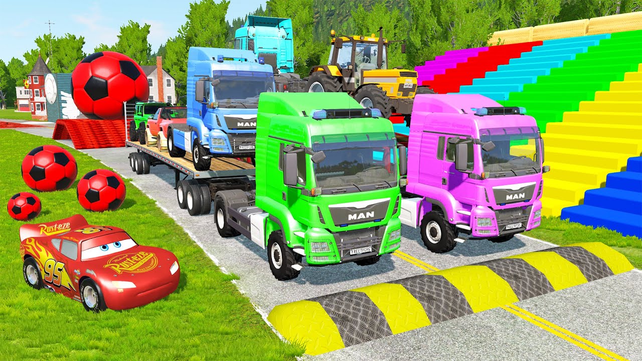 Flatbed Trailer McQueen Transportation with Truck - Speedbumps vs Cars vs Train - BeamNG.Drive #17