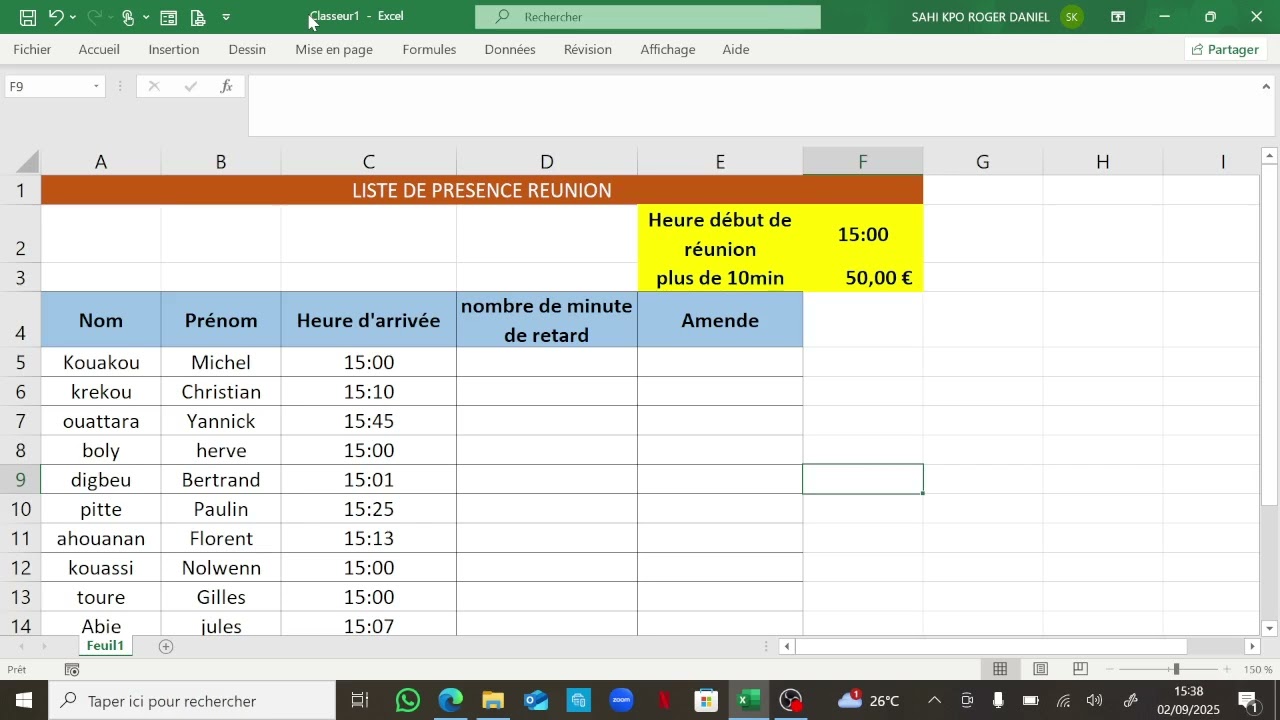 Calcul du nombre de minute de retard à l'aide de a fonction minute