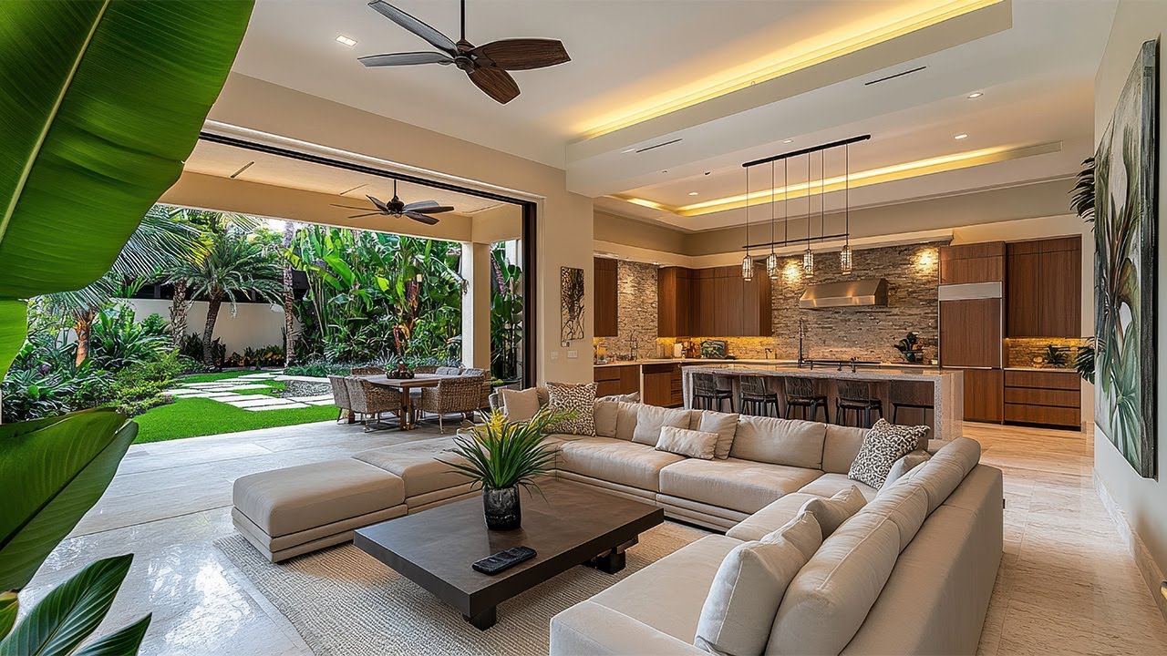 Open Concept Luxury Living Room with Panoramic Greenery and Garden Integration