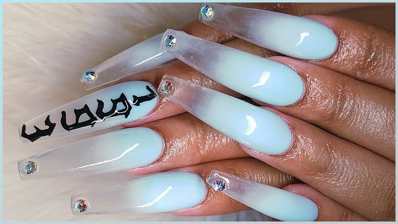 Old English Numbers Ombré Glass Tips Acrylic Nails Full Set Tutorial