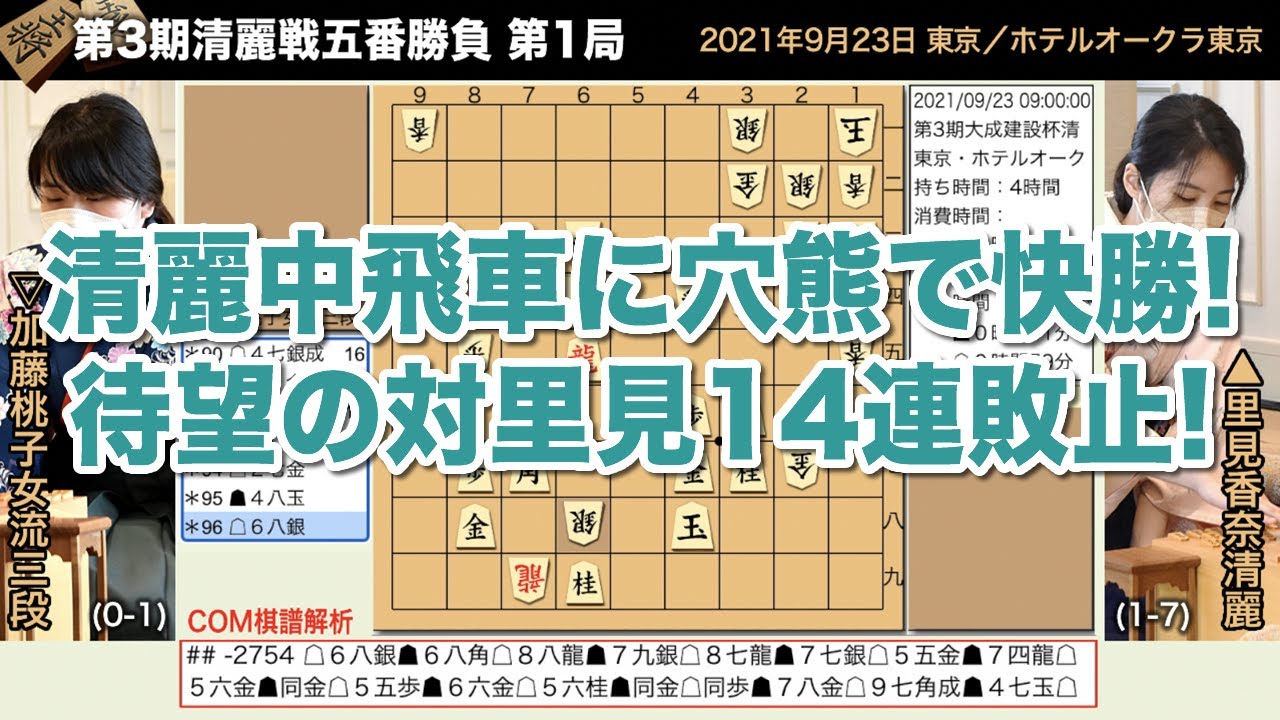 第3期大成建設杯清麗戦五番勝負 第1局 ▲里見香奈清麗 &minus; △加藤桃子女流三段【将棋棋譜】