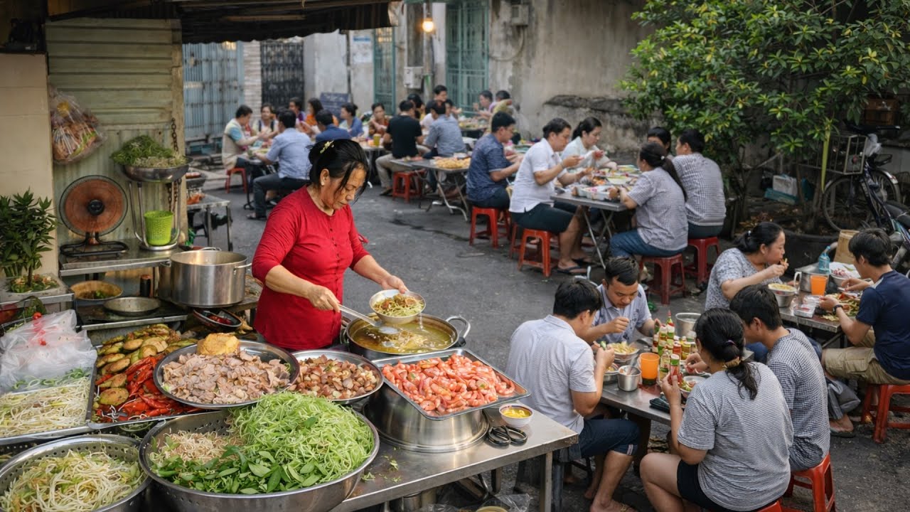 Quán bún thái 30k/tô đầy đủ topping khách ngồi ăn đông kín ở vỉa hè Sài Gòn