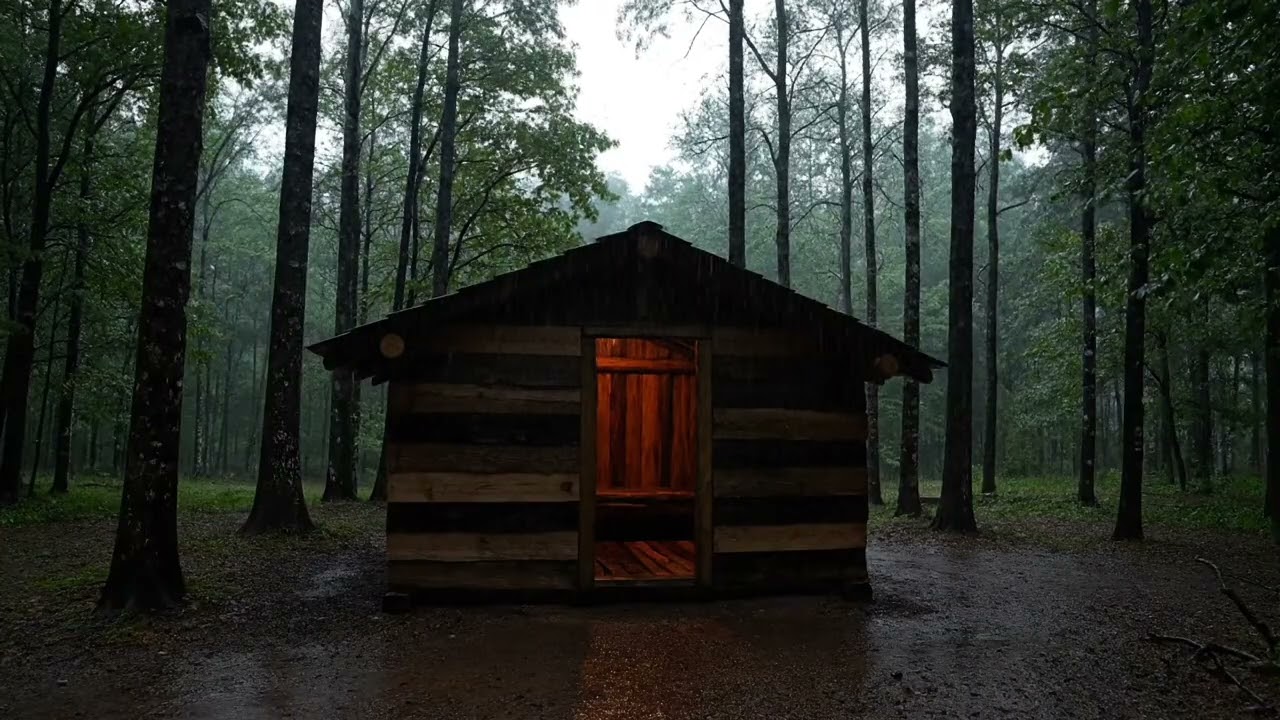 Soft Evening Rain Around a Rustic Camping Shelter in a Silent Woodland Clearing