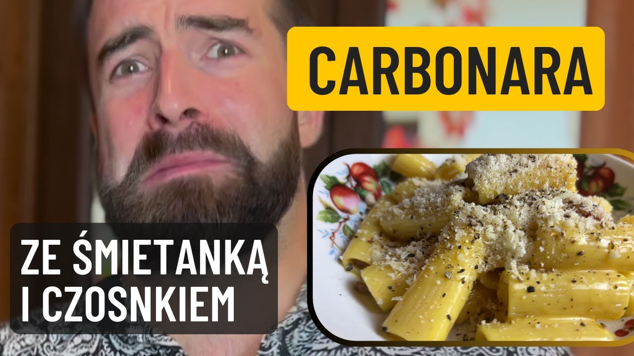 Prawdziwa carbonara z czosnkiem, śmietanką i wędzonym boczkiem.