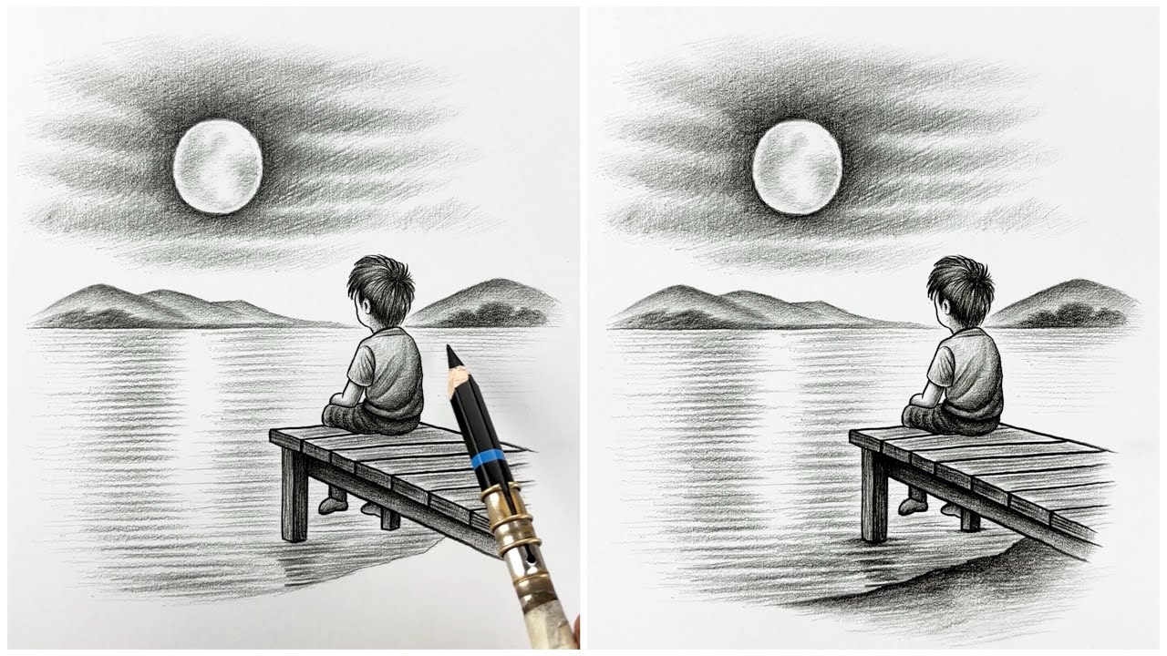 HOW TO DRAW PEACEFUL NIGHT SCENE WITH BOY AND MOON | Easy Pencil Shading Tutorial