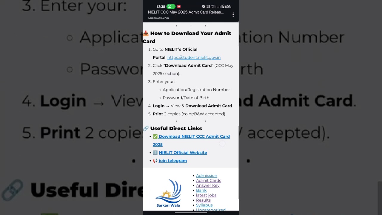 NIELIT CCC May 2025 Admit Card Released #shorts #nielit #sarkarunaukari #selectioncommission