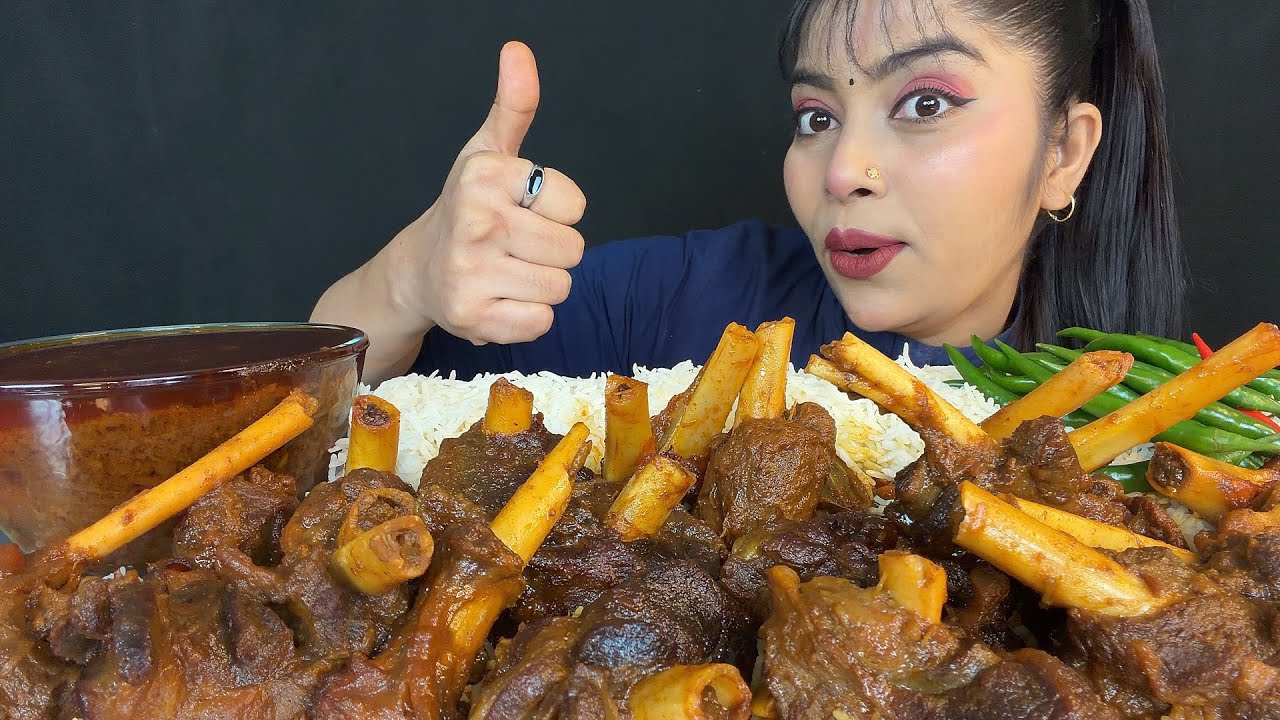EATING SPICY MUTTON NALLI CURRY BASMATI RICE CHILLI WITH GRAVY | BIG BITES | EATING SHOW | MUKBANG