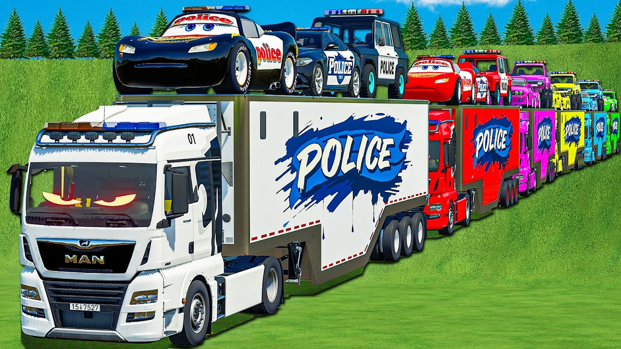 LONG CONVOY TRANSPORT OF COLORS! COPS ASTON MARTIN, NISSAN SAFARI, BMW & MAN TRUCKS! FS 25