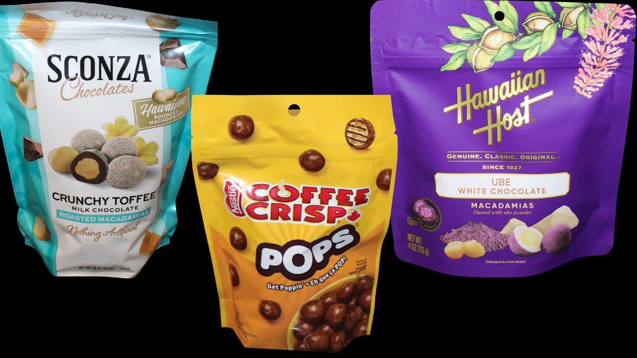 Sconza Chocolates Crunchy Toffee, Nestle Coffee Crisp Pops, Hawaiian Host Ube White Chocolate