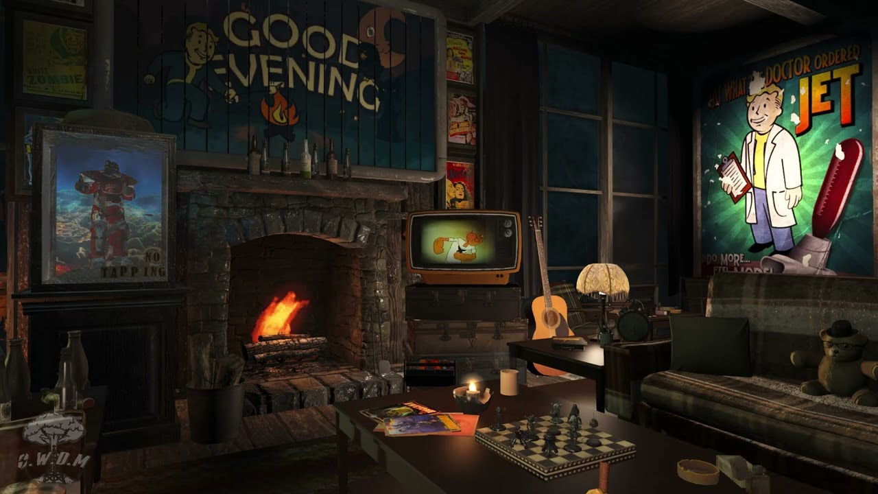 ☢️ Fallout Wasteland Cabin Ambience | Rain, Thunder & Vintage Cartoons | Cozy Night in the Ruins