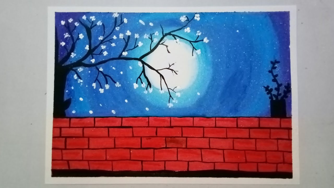 Full Moon Night Painting With Tree / Easy Moon Night Painting / Painting For Beginners #drawing