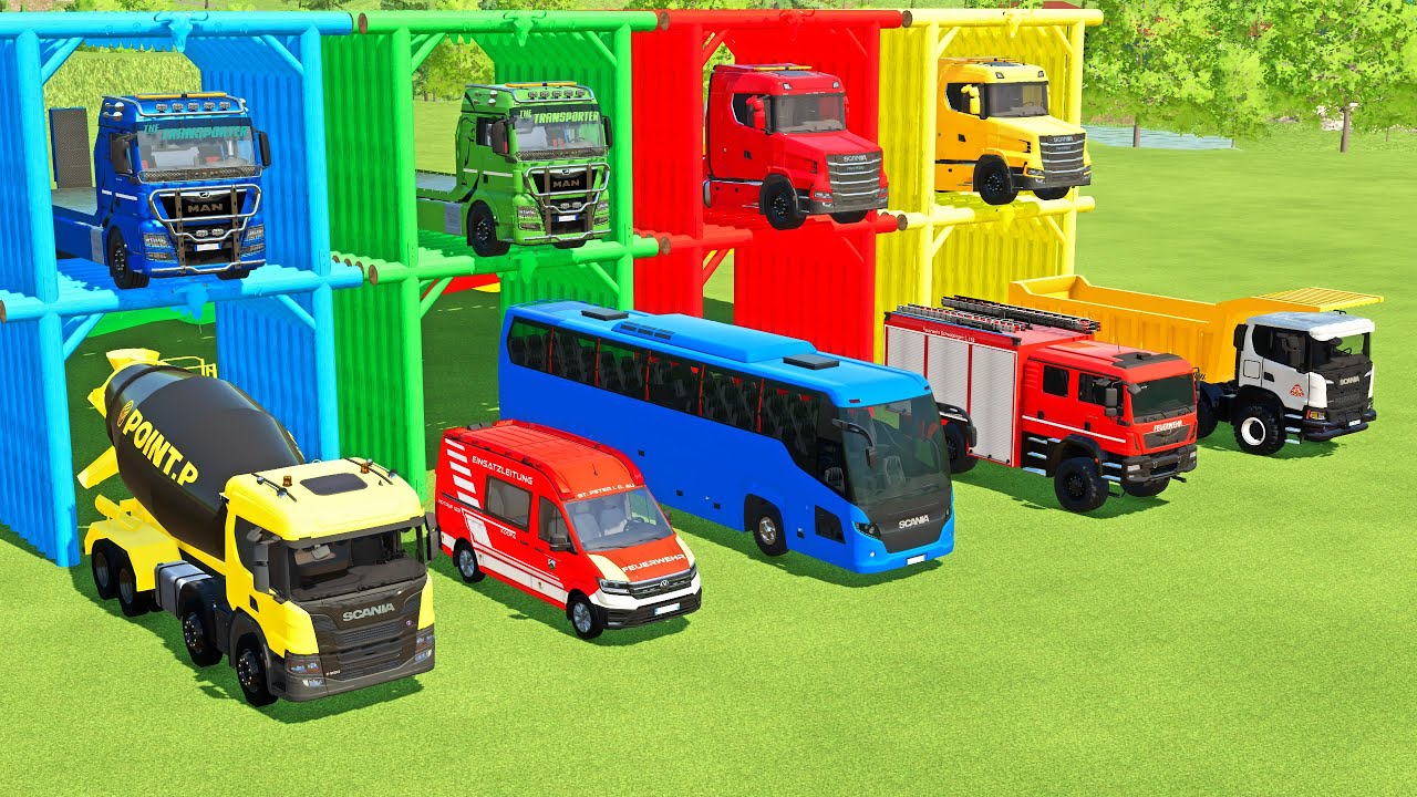 TRANSPORTING EXCAVATOR, MIXER TRUCK, BULLDOZER, POLICE CARS TO GARAGE WITH MAN TRUCK - FS22