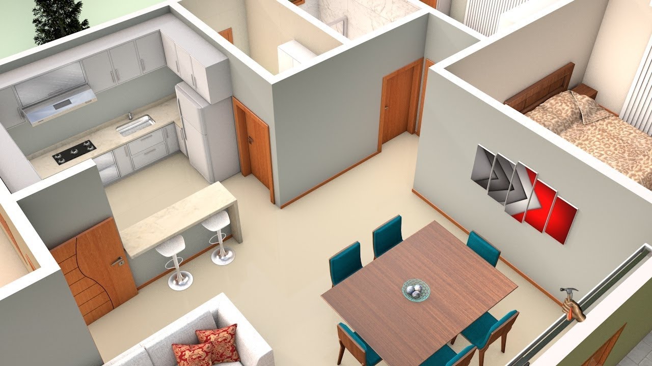 Planta 3D de Casa simples com dois Quartos e Cozinha Americana