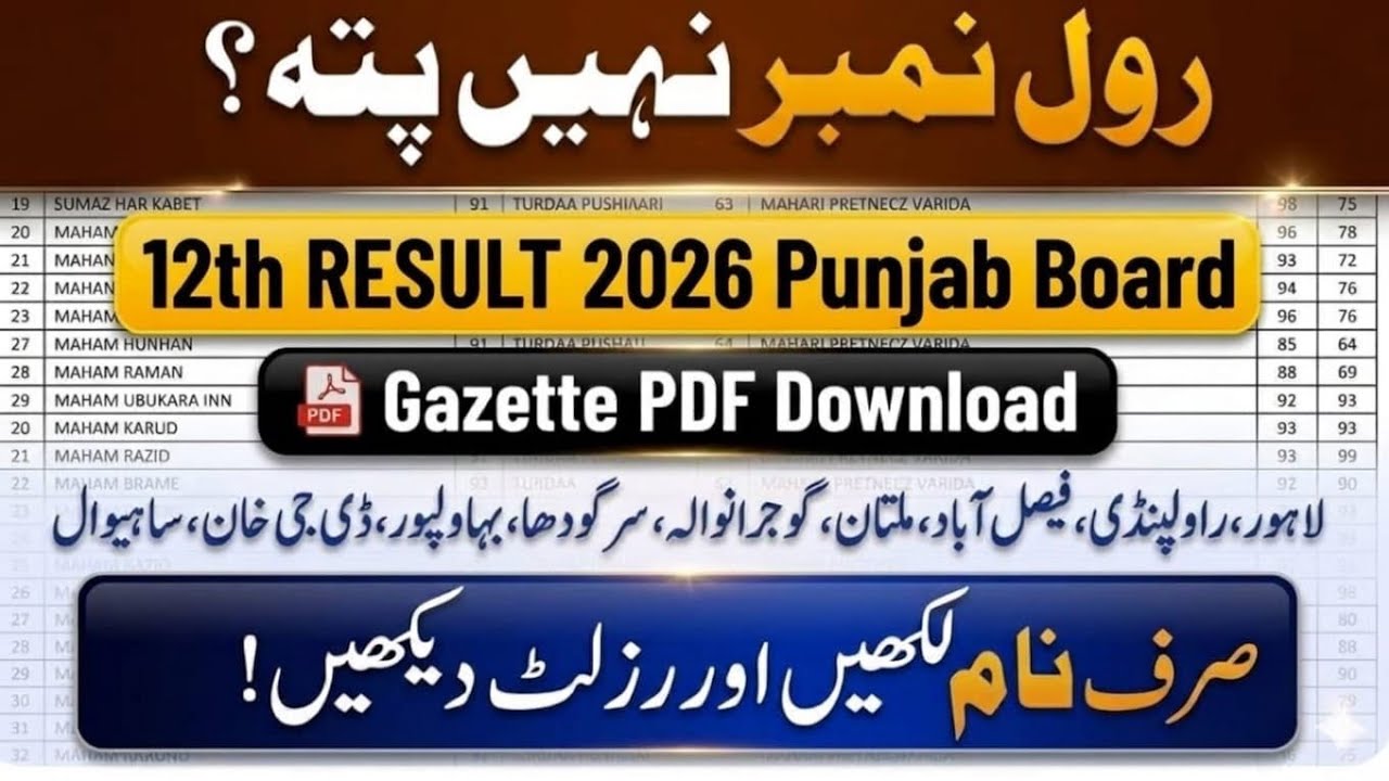12th Class Result 2026 Gazette Punjab board how to check 12th class result by name 2nd year Gazette 