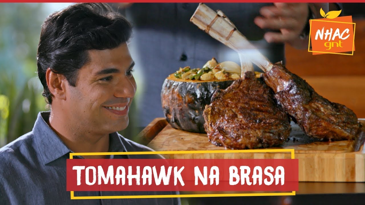 Tomahawk com curry e abóbora recheada com vagem, cebola e castanha | Felipe Bronze | Perto do Fogo