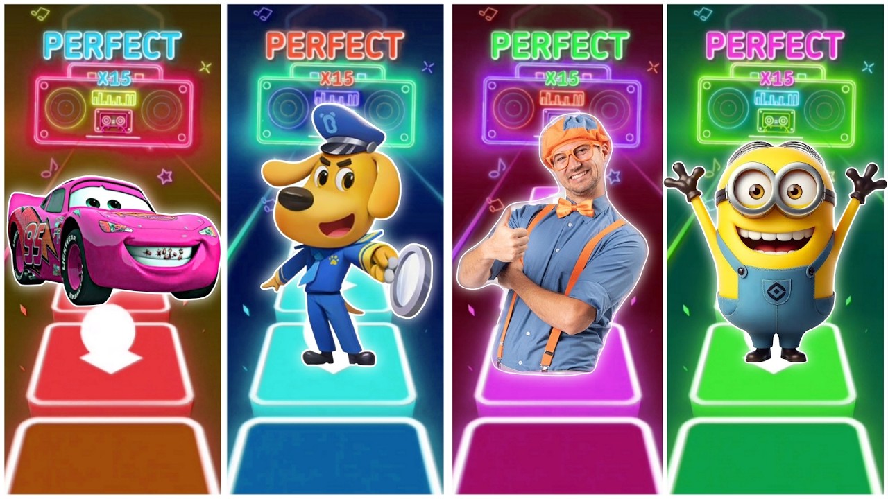 McQueen vs Sheriff Lablador vs Blippi vs Minions in Tiles Hop EDM Rush🎶