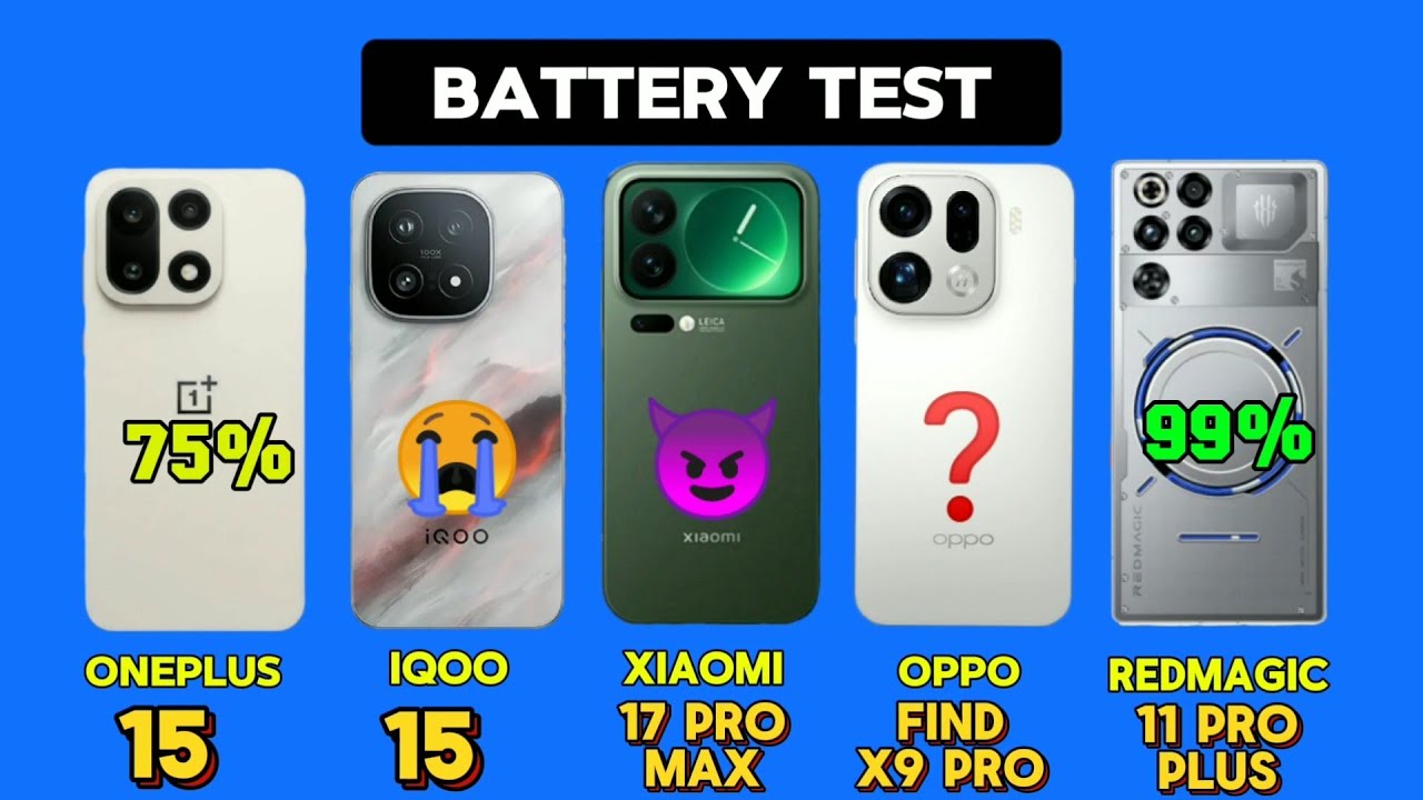 OnePlus 15 vs iQOO 15 vs Xiaomi 17 Pro Max vs Find X9 Pro vs Redmagic 11 Pro+ 🔋 Battery Drain Test!