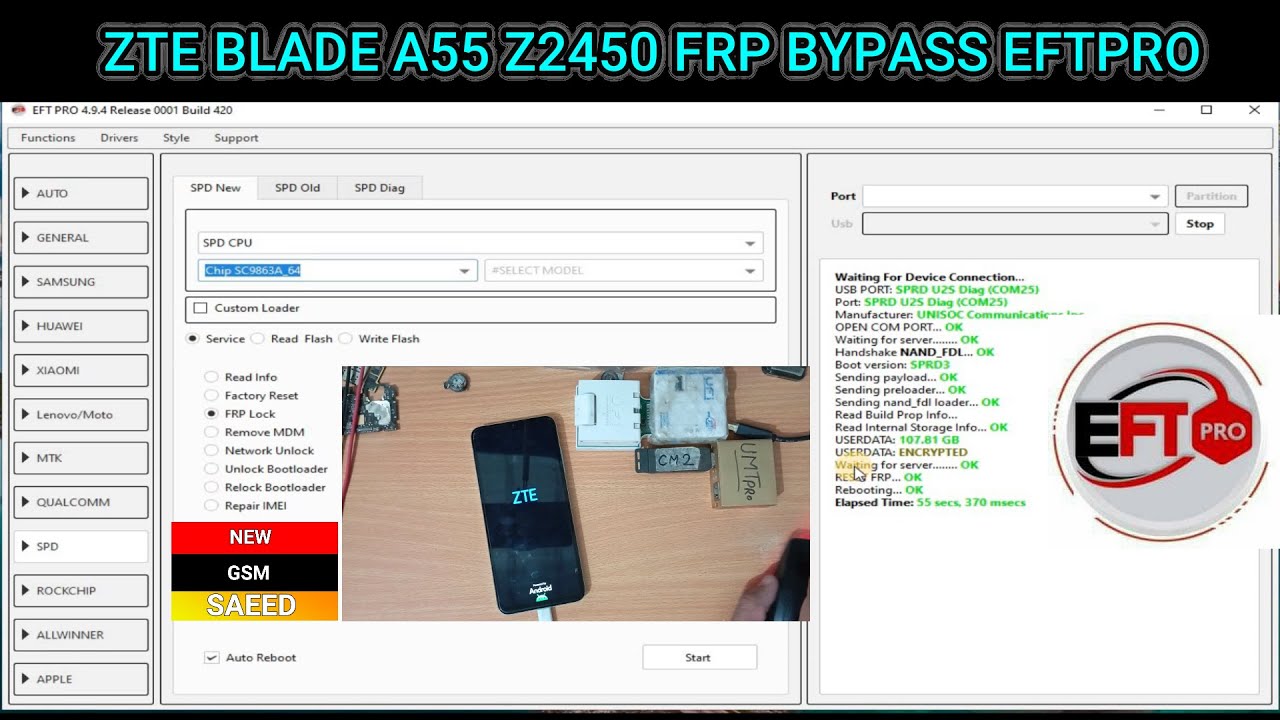 zte blade a55 z2450  frp bypass EFTPRO by new gsm saeed