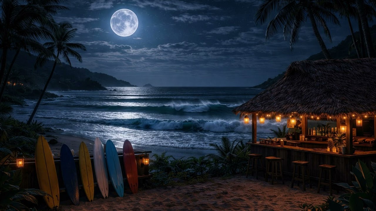 Secret Surf Shack at Night 🌙 Perfect Ocean Waves & Tropical Beach Ambience (4 Hours)