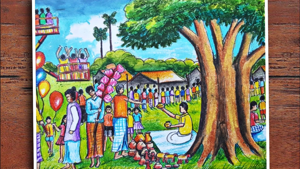বৈশাখী মেলার দৃশ্য আকাঁ / Boishakhi mela drawing / Village fair drawing