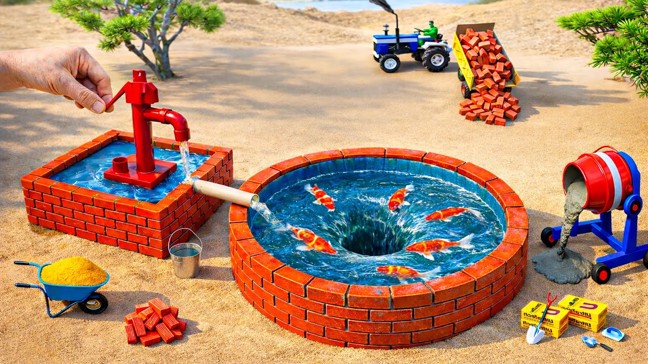 DIY Science Project Mini Water Well - How to Make a Whirlpool Pool Tank & Mini Hand Pump with Bricks