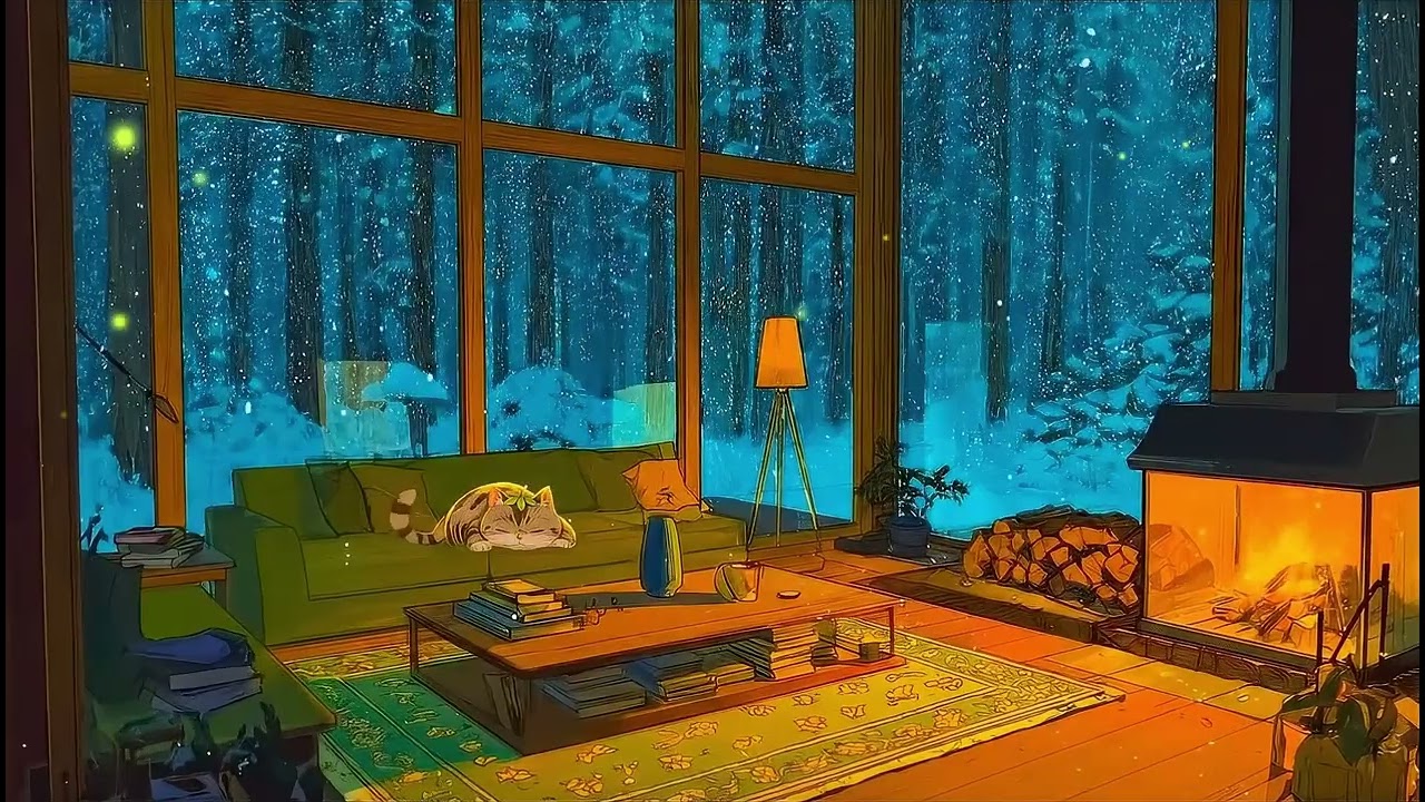 ＣＯＺＹ　ＬＩＶＩＮＧ　ＲＯＯＭ ☕ Warm Fireplace & Heavy Snow 💤 Luxury Cabin / Relaxing Lofi