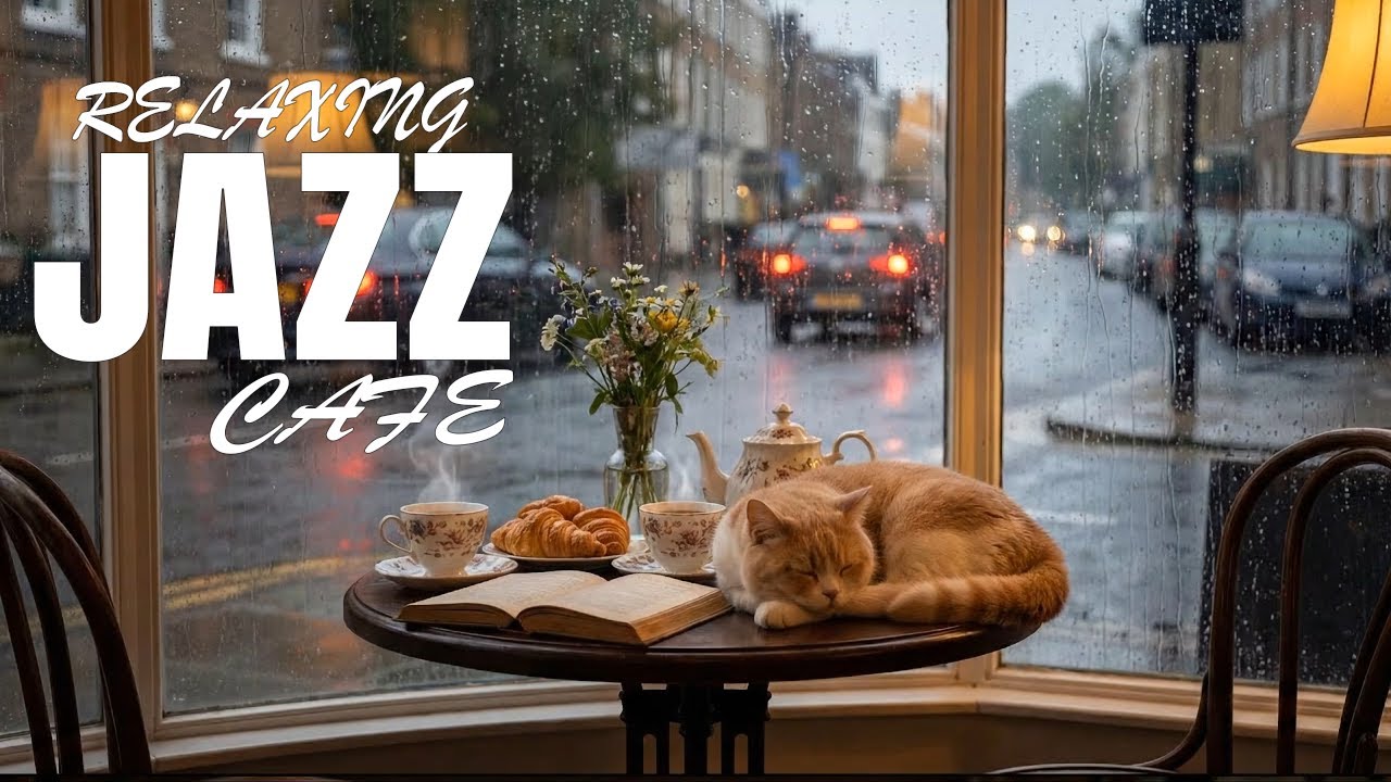 Cozy British Café ☕  Relaxing Jazz Piano, Rainy Window & Sleeping Cat Ambience
