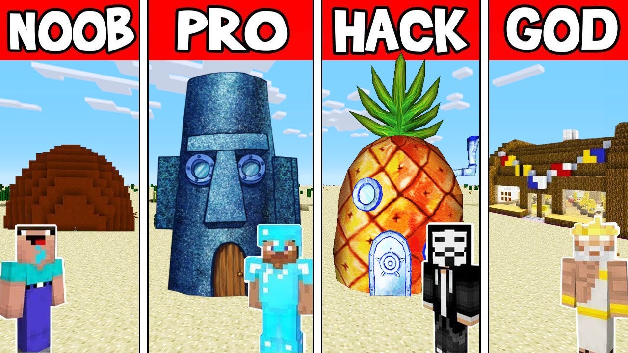 Minecraft Battle: SPONGEBOB HOUSE BUILD CHALLENGE - NOOB vs PRO vs HACKER vs GOD Animation