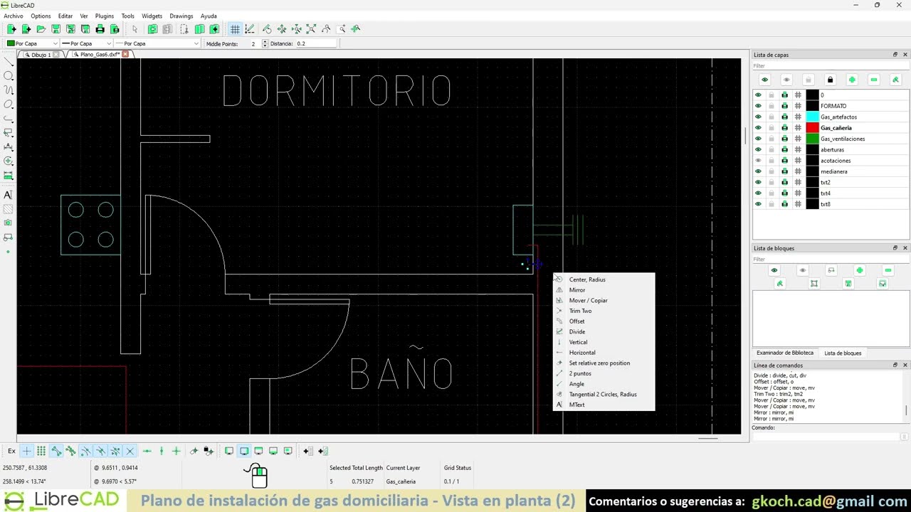 LibreCAD - Plano de instalación domiciliaria de gas, segunda parte: dibujo de cañería