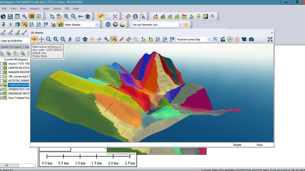 GLOBAL MAPPER: Imagen DEM, Curvas de nivel, Drenajes y Subcuencas