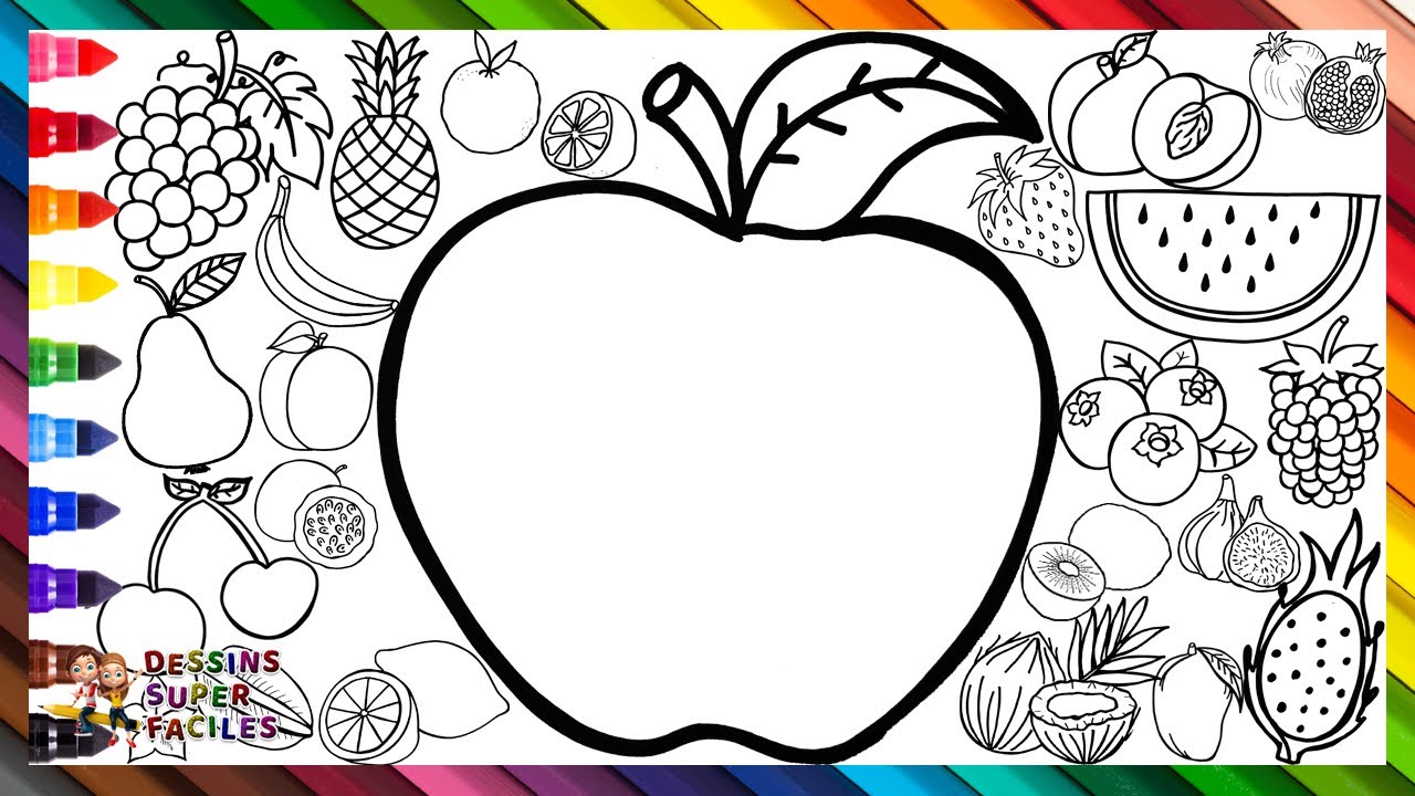 Dessiner et Colorier 23 Fruits 🍎🍊🍋🥝🍇🍉🍍🍌🍏🫐🍓🥭🍐🍈🍑🥥🍒 Dessins pour Enfants