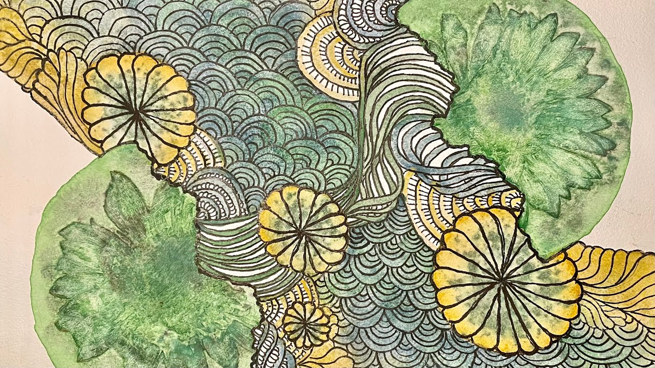 Abstract watercolor line and wash, w/ flower imprints and doodles💚 Doodle/paint along, written guide