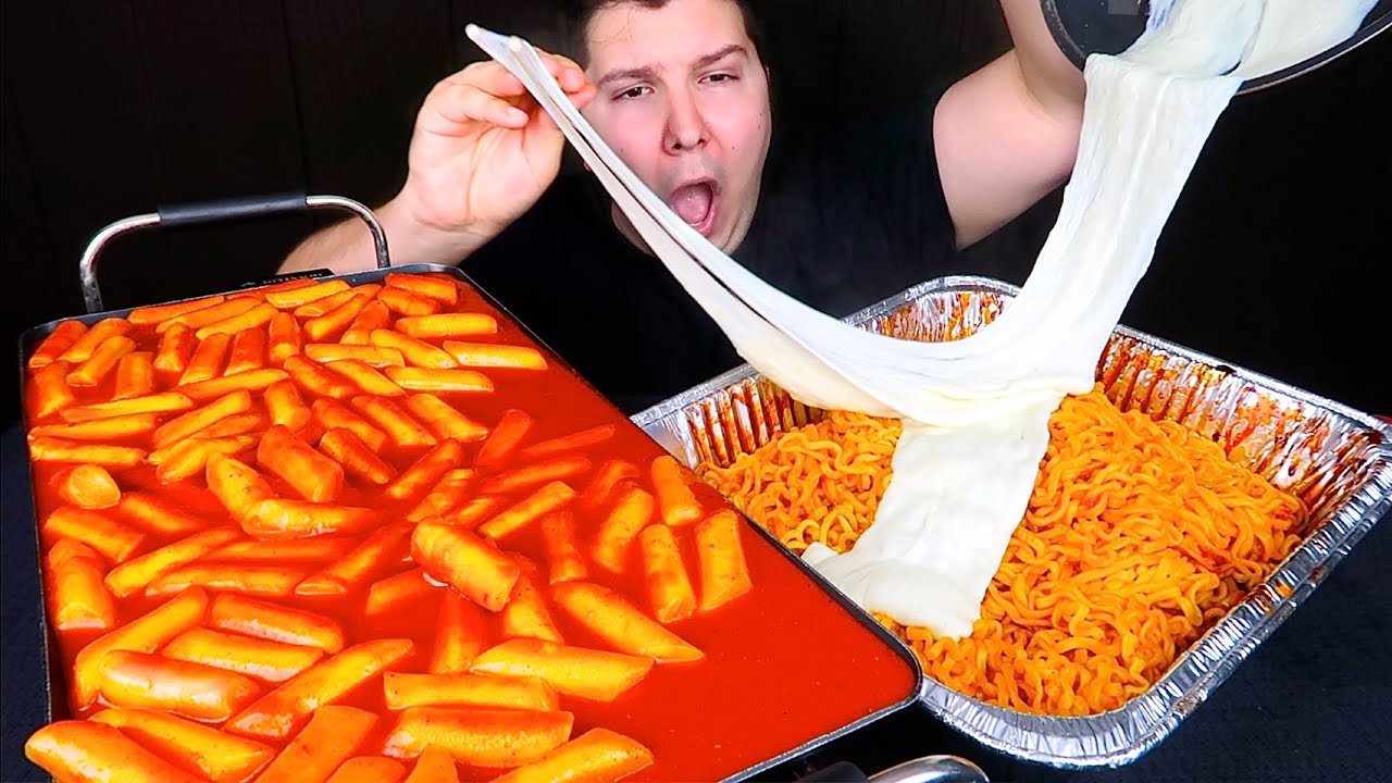 Giant Spicy Rice Cakes With Cheesy Volcano Fire Noodles • MUKBANG