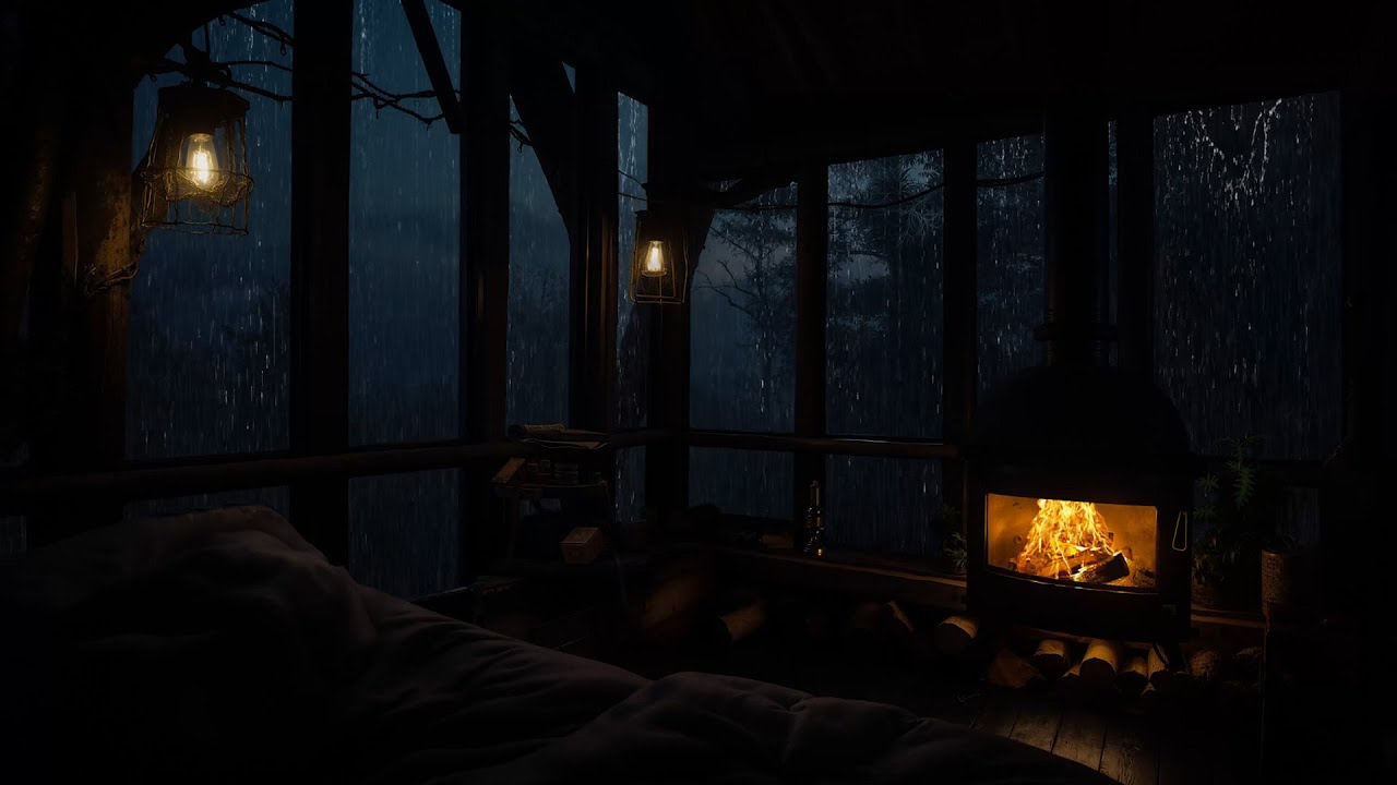 Night Cabin Rain and Firewood Crackling | Relaxing Sleep Ambience Soundscape