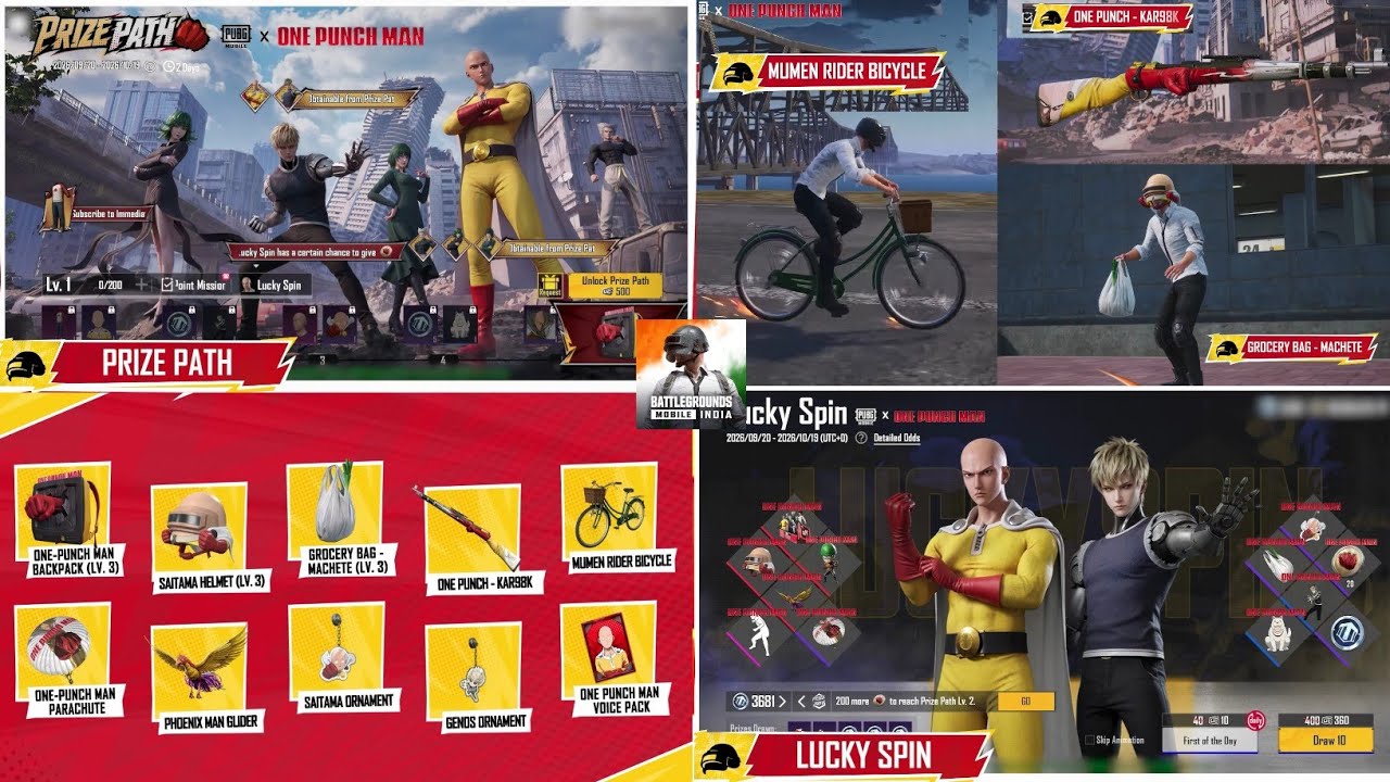 😳Bgmi 4.6 Prize Path ( One Punch Man) New Cycle Skin, Kar98k Skin | Bgmi 4.6 Prize Path 