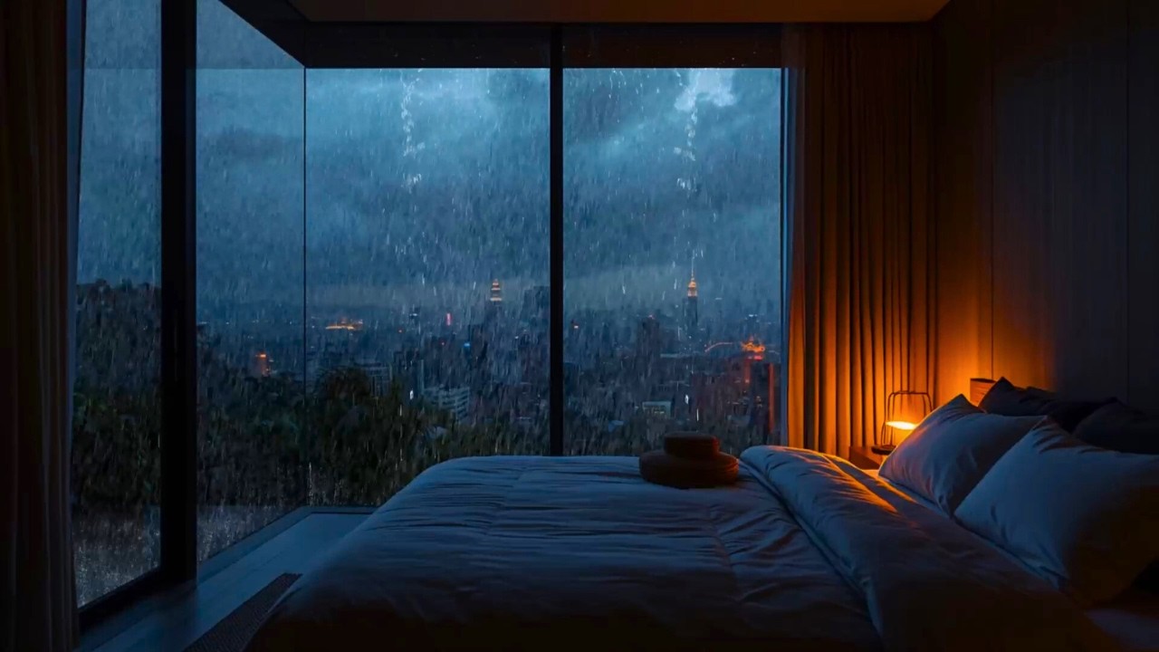 Deep Sleep & Relaxation with Rain Sounds | Cozy Bedroom View Over City Storm at Night for Calm Mind!