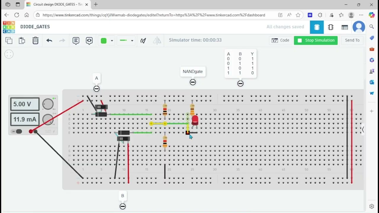 NAND GATE with only DIODES on breadboard.