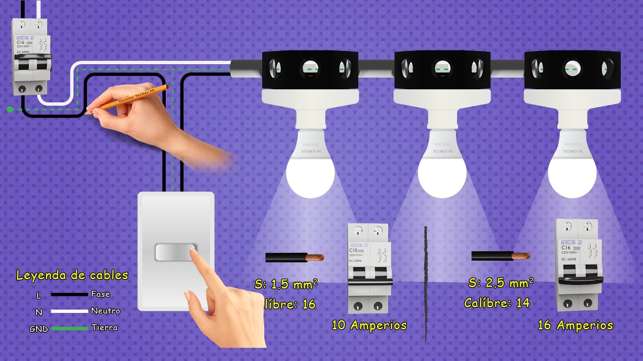 Instalación de tres Lamparas en paralelo controladas con Interruptor Simple | bombillos focos