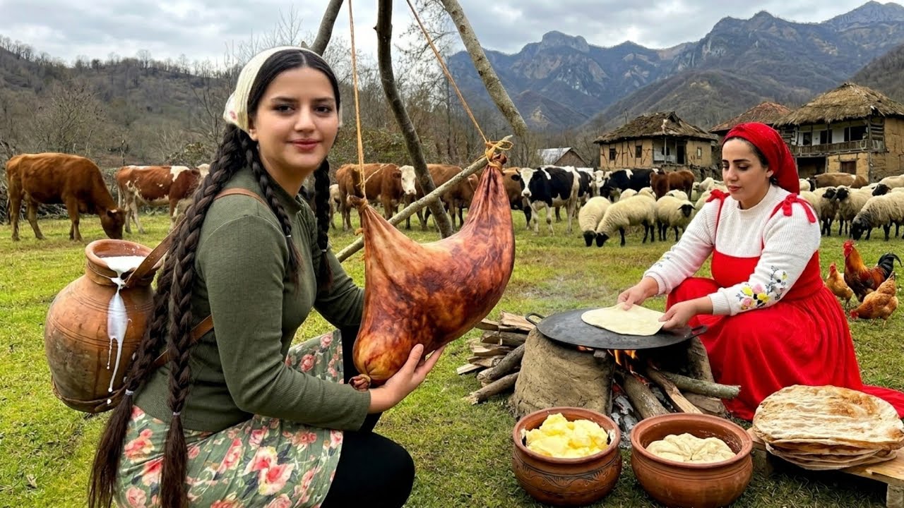 rural life in IRAN; making butter and baking bread