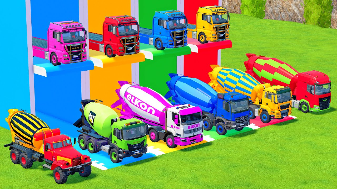 TRANSPORTING ALL COLOR MIXER TRUCK WITH DOUBLE FLATBED TRUCK, MAN, MERCEDES, RENAULT, KENWORTH -FS22