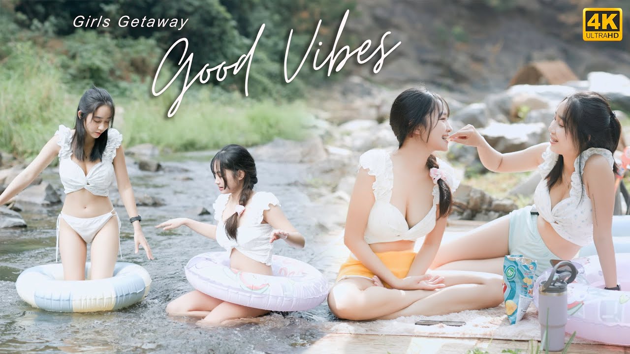 Beauty girls relaxing weekend with tent wear cute lingerie play in the wild stream/ASMR camping EP24