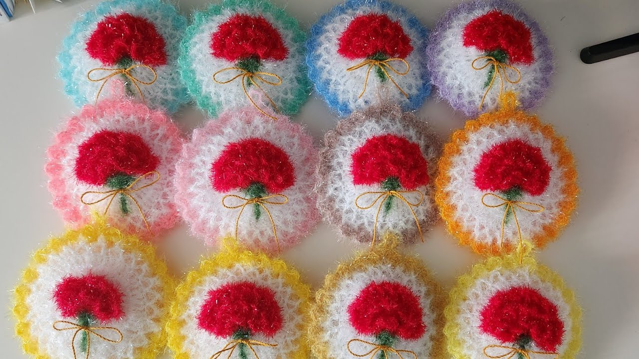 [왕초보용]카네이션 꽃수세미 ,어버이날,스승의날 선물해보세요(Carnation flower scrubber crochet),