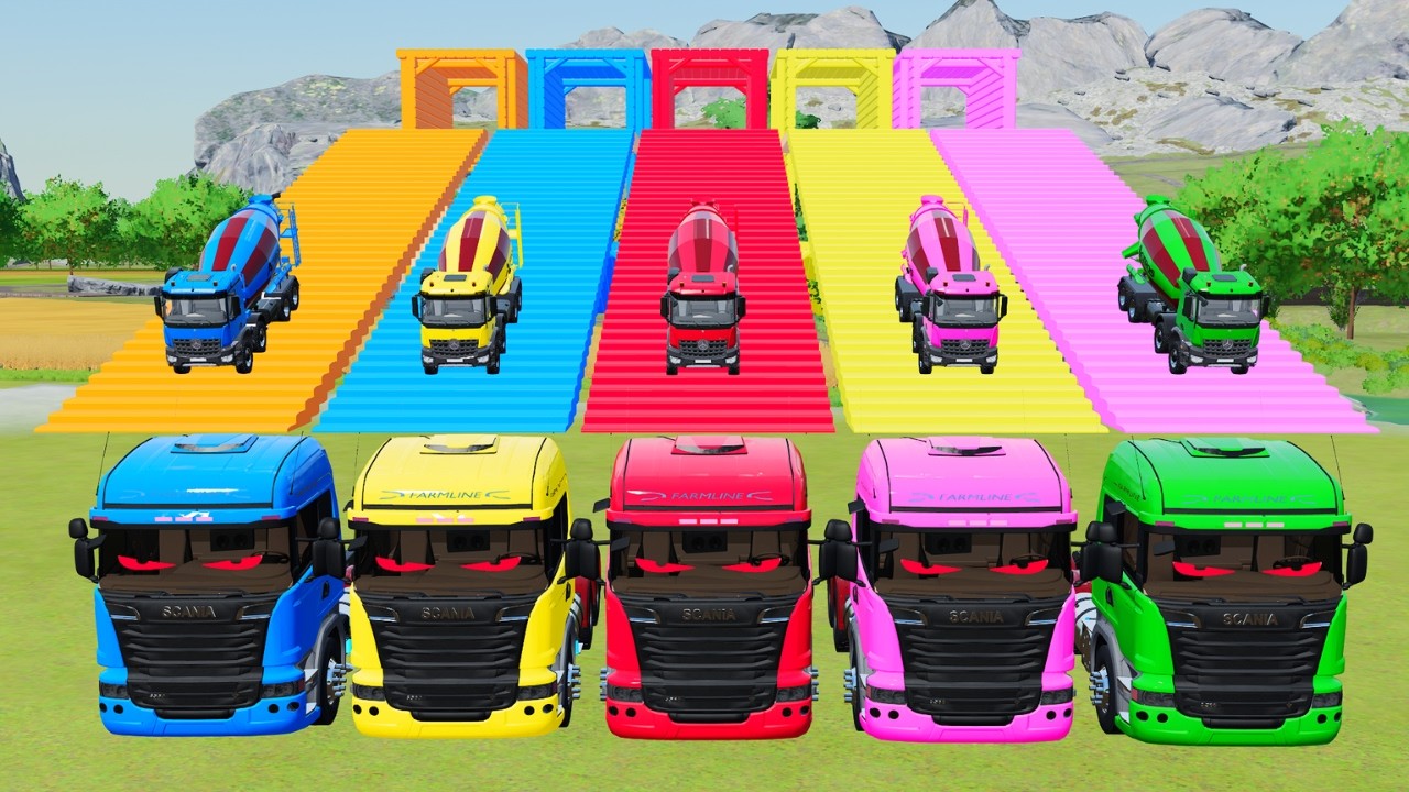 Transporting Colorful Mixer Trucks & Double Flatbed Trailers on Dangerous Terrain FS22 #101