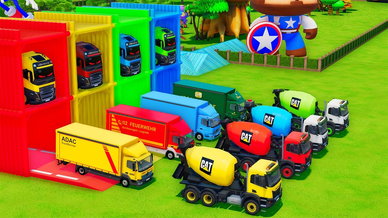 Garage with Colors - ALL MIXER TRUCK WITH DOUBLE FLATBED TRAILER TRUCK, DAF, MERCEDES, SCANIA, KRAZ
