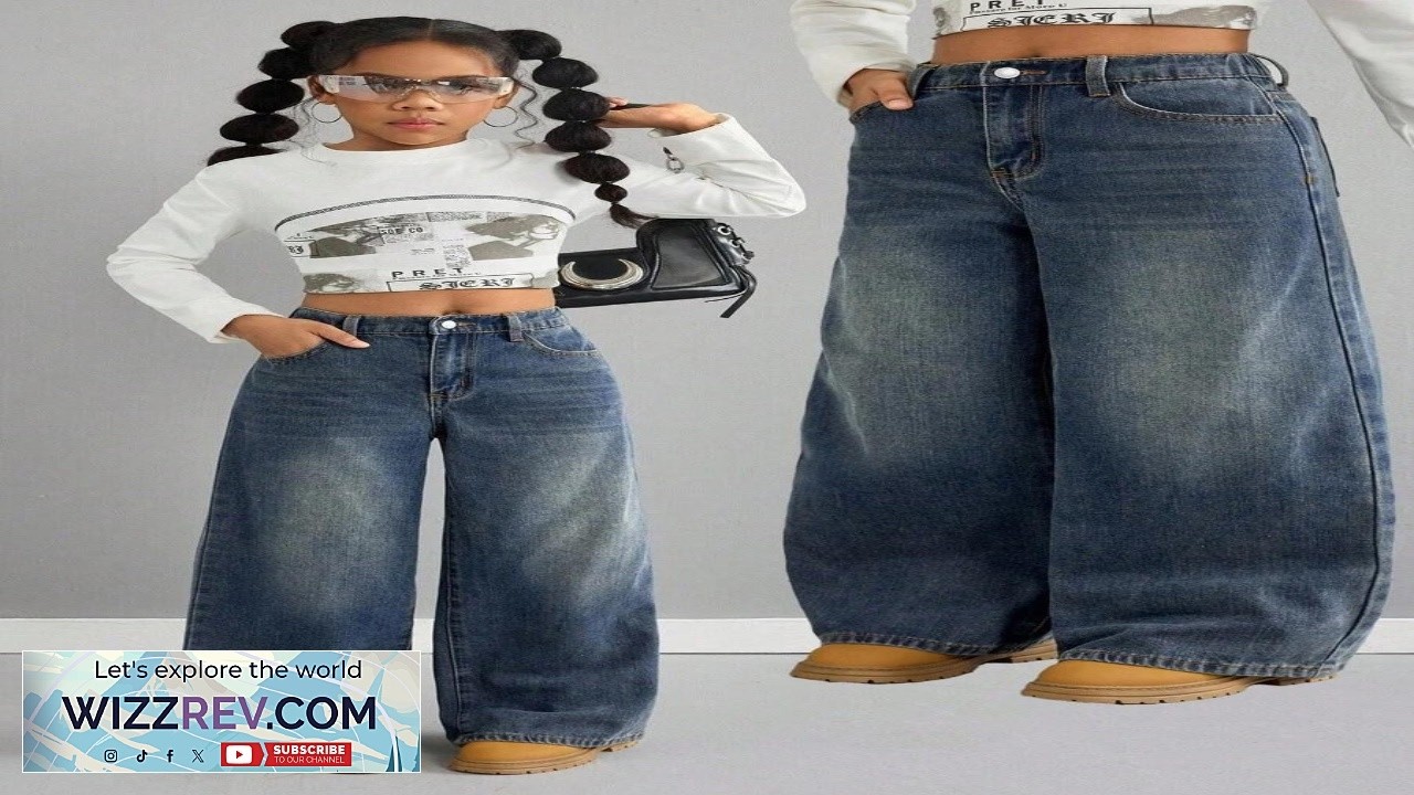 SHEIN Tween Girls' Retro Fashion Vintage Blue Loose Low Waist Baggy Jeans Fall