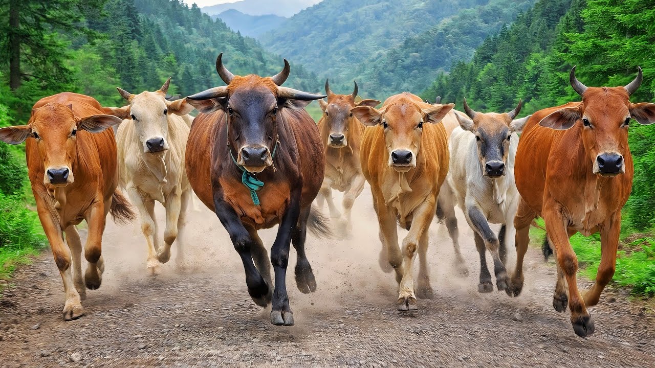 Video puluhan sapi lembu jinak bergerombolan melewati hutan liar untuk menuju padang rumput terbuka