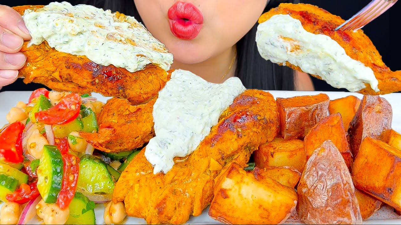 ASMR Roasted Lemon Chicken, Cucumber Salad & Crispy Potatoes | Eating Sounds | Mukbang | ASMR Phan