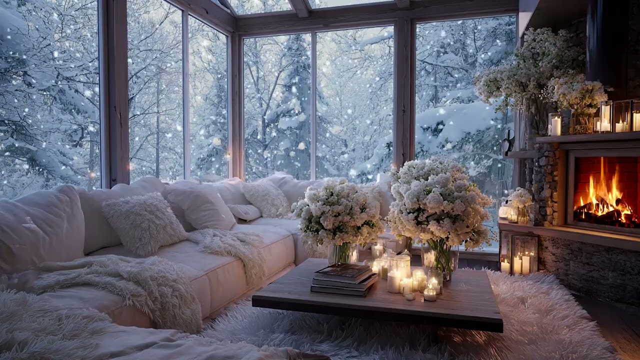 Gentle Piano Winter Sanctuary | Candlelit Lounge 3 Hours | Calm Sleep Study Stress Relief Relax