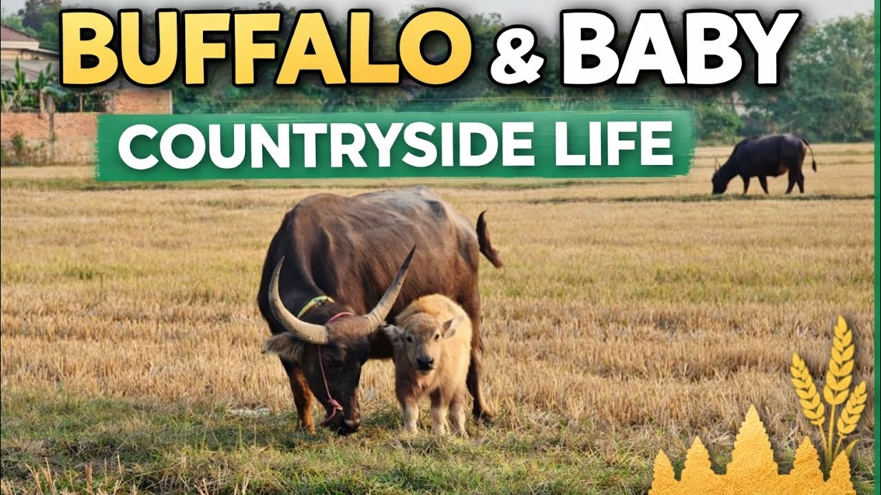Mother Buffalo and Baby in the Rice Field 🌾🐃 | Peaceful Countryside Life#buffalo #farming 