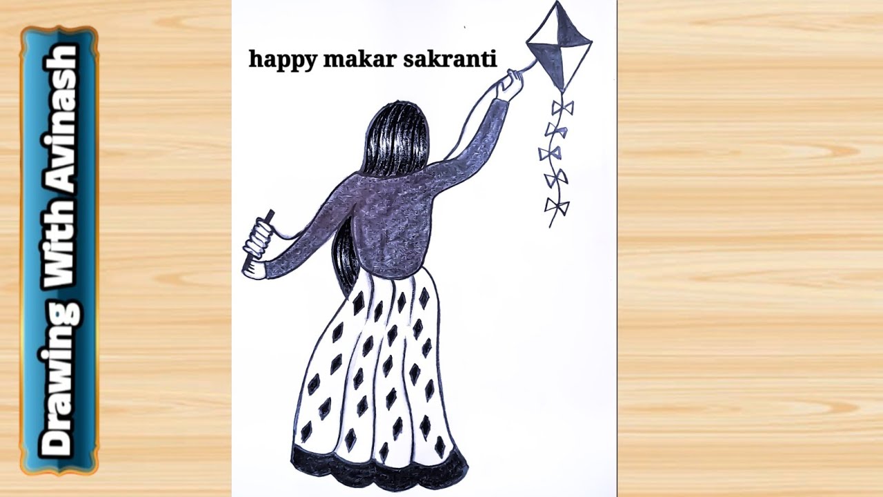 Girl Flying Kite Drawing💥🙏|| Makar Sankranti Par Drawing || Sankranti Drawing Hard || Pencil Drawing